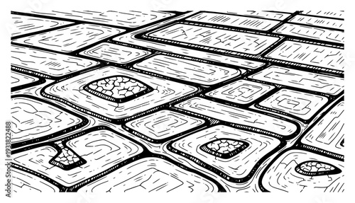 Detailed woodcut engraving of geometric agricultural fields or salt pans in perspective