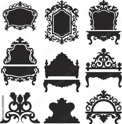 Ornate Vintage Frame Silhouettes and Antique Furniture Elements Set Featuring Victorian Style Mirrors, Baroque Tables, and Decorative Flourishes, Isolated Vector