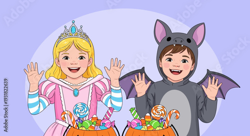 Cheerful Kids in Halloween Costumes Waving. Princess girl and bat boy with trick-or-treat pumpkin buckets full of candy, perfect for holiday promotions.