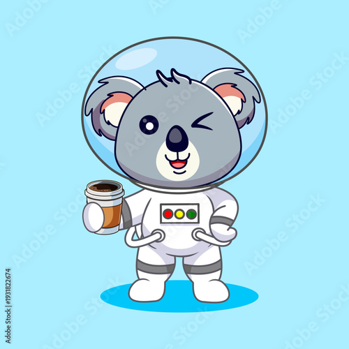 Cute Koala Astronaut Winking with Coffee Vector Illustration Kawaii Design