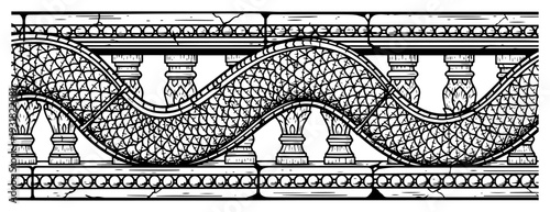 Intricate traditional Thai architectural border featuring a Naga serpent and stone balusters in engraving style