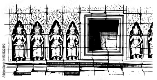 Traditional stone relief carving of Apsara devata figures at an ancient temple wall in Cambodia or Thailand