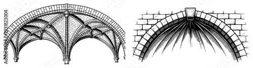 Detailed woodcut engraving of Gothic architectural rib vaults and stone arches