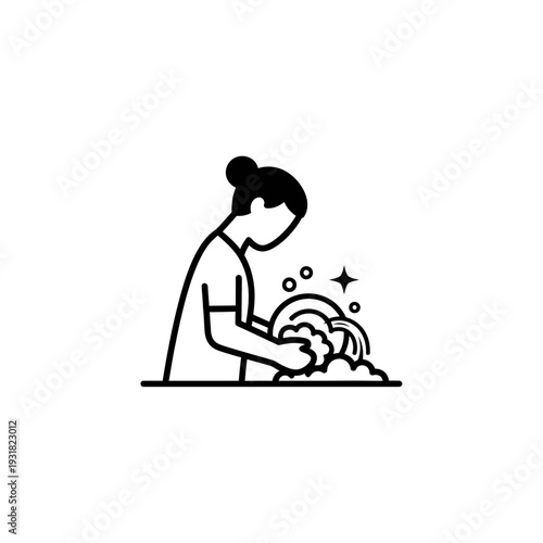 Minimalist black and white illustration of a person washing dishes, symbolizing cleanliness and domestic chores