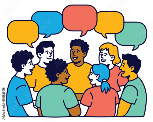 Group of diverse people communicate together using speech bubbles above their heads.