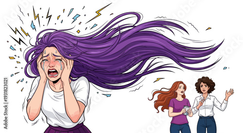Overwhelmed Woman Crying and Screaming from Extreme Stress and Anxiety with Purple Hair - Vector Illustration