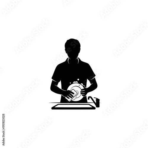 Dynamic black silhouette vector icon of an individual diligently washing dishes, symbolizing domestic chores, cleanliness, and kitchen maintenance in a simple, elegant graphic design
