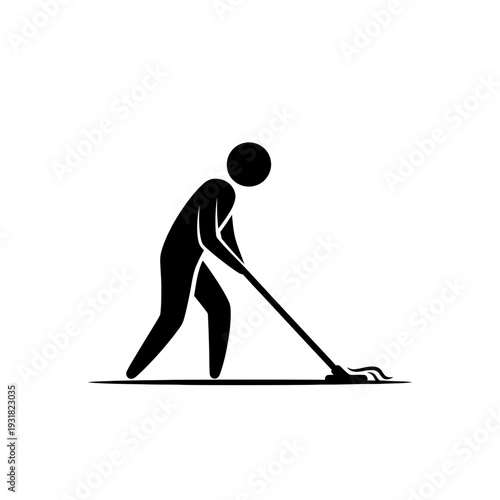 Black monoline logo depicting a person cleaning the floor with a mop, symbolizing hygiene and domestic chores