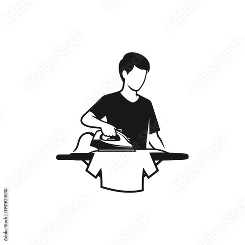 Black and white illustration of a person ironing a shirt on an ironing board, domestic chore icon