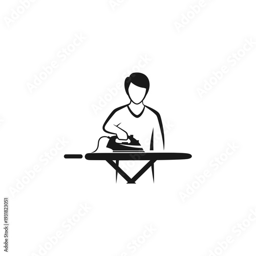 Black silhouette logo of a person ironing clothes on an ironing board, symbolizing domestic chores, household tasks, and laundry services with a clean design