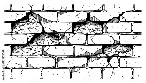 Damaged and cracked brick wall illustration in hand drawn vintage engraving style