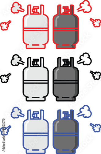 Gas cylinder tank icon set with pressure smoke for industrial fuel storage and propane gas delivery