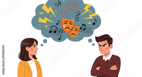 Couple Argument: Emotional Conflict, Misunderstanding & Relationship Problems with Thought Bubble of Drama, Stress, and Noise