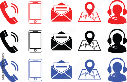 Contact us icons for customer service support with phone mobile mail map location and headset avatar