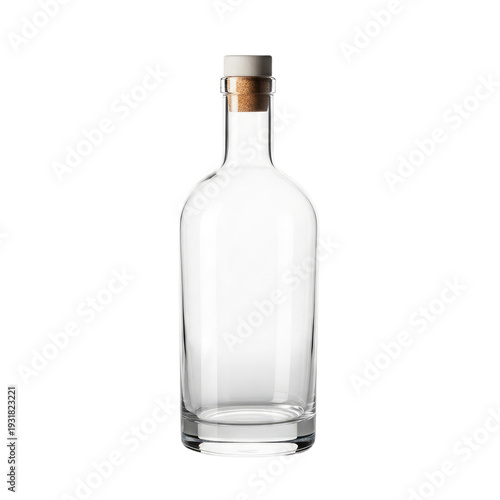 Clear glass bottle with cork stopper and white cap isolated on a transparent background empty