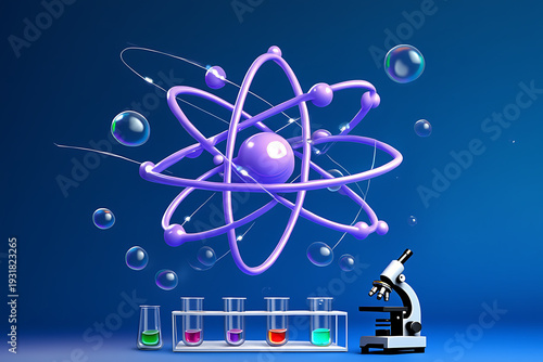 Dynamic 3D illustration of an atom, test tubes with solutions, and a microscope, representing chemical research, scientific discovery, and innovative laboratory experiments