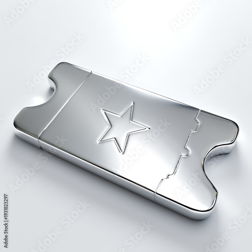 Reflective Chrome Ticket Adorned with a Star and Subtle Landmass Design - Emblem of Elite Entry, Memorable Journeys, or Prestigious Achievements