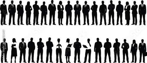 Black silhouette vector illustration of business people, corporate team, office workers, professional poses, workplace diversity, company staff, business attire figures