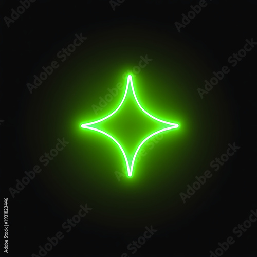 A bright, glowing green neon starburst symbol against a dark, minimalist background, creating a vibrant and abstract visual effect
