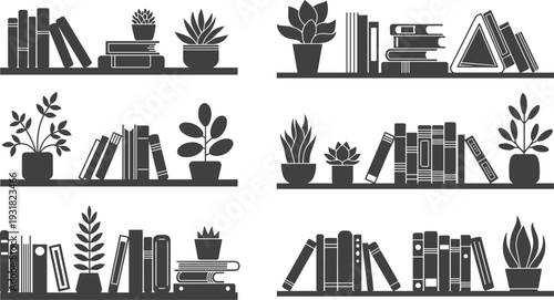 Black silhouette vector illustration of bookshelves, potted plants, decorative items, interior design elements, minimalist home decor, vintage style, organized shelf arrangement