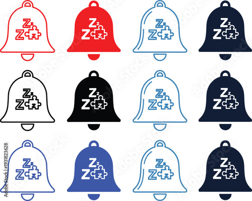 Bell alarm sleep puzzle icon red blue black navy outline solid vector graphic design element background