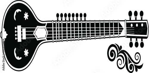 Black and white of a stringed musical instrument with decorative