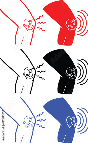 Knee pain set in red black and blue color isolated on transparent background vector illustration