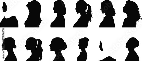 Set of diverse women silhouettes in profile view featuring various hairstyles and head positions for beauty fashion and corporate diversity