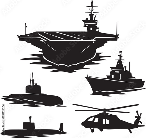 Naval & Aerial Military SVG Bundle – Aircraft Carrier, Destroyer, Submarine, Helicopter, Jet Silhouettes for Cricut and Commercial Use