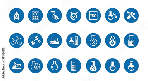 Collection of Chemistry and Science Icons in Blue Circles.