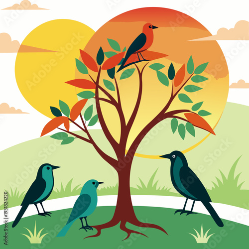 Birds gathering on tree branches at sunset in serene natural landscape