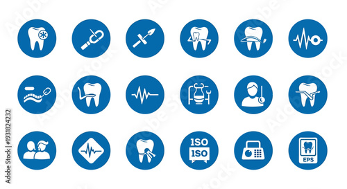 Collection of Dental and Medical Icons in Blue Circles.