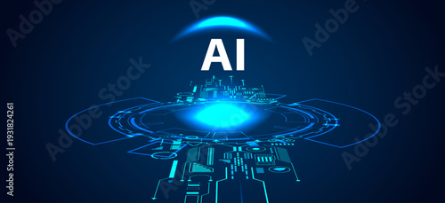 AI artificial intelligence text on futuristic HUD interface background. Vector digital technology and cyber security concept.