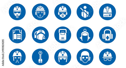 Collection of Safety Signs and Personal Protective Equipment Icons.