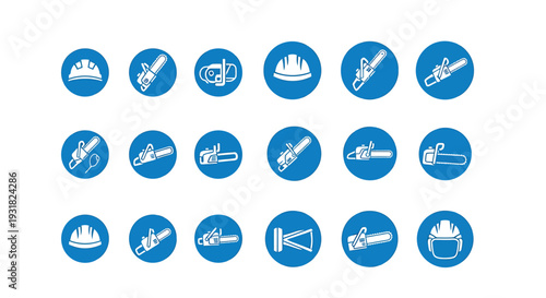 Collection of Safety Warning Icons for Chainsaw and Construction Work.