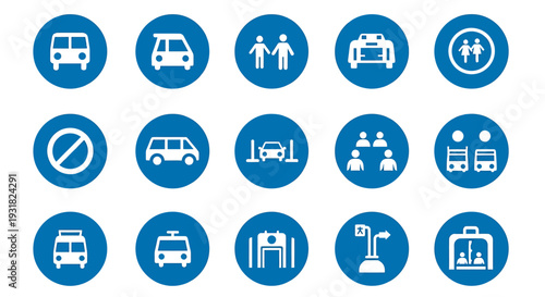 Collection of Transportation Icons In Blue Circles For Safety.