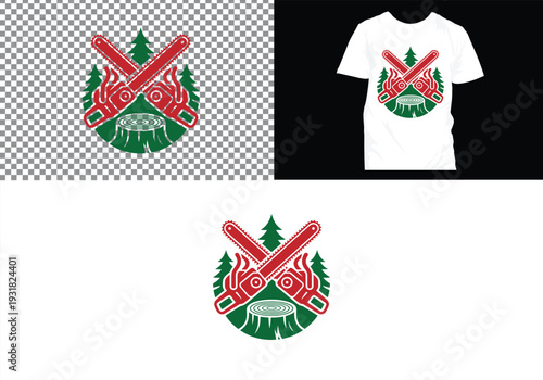 Lumberjack and Chainsaw Cutting logo, Woodcutting Tree Trunk Logo editable vector Design 