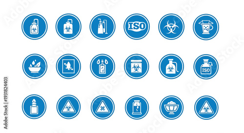 Set of blue and white warning signs for various hazards and safety protocols.