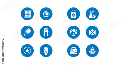 Set of Blue Circular Icons Representing Various Industrial and Safety Standards.