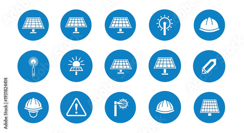 Set of Blue Circular Icons Representing Renewable Energy and Safety Symbols.