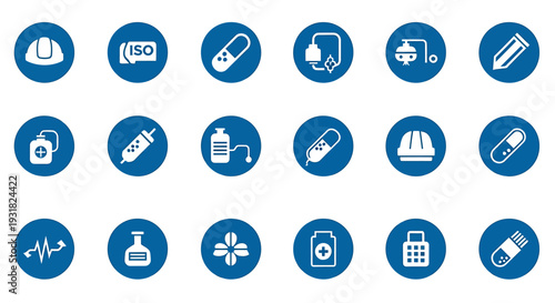 Set of Medical and Industrial Safety Icons in Blue Circles.