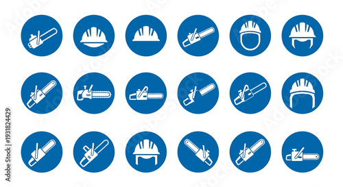 Set of Safety Warning Icons for Chainsaw and Hard Hat Use.