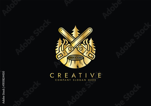 Lumberjack and Chainsaw Cutting  luxury logo, Woodcutting Tree Trunk Logo editable vector Design 