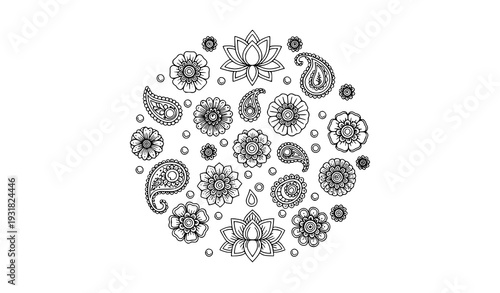 Mehndi floral mandala vector set with Indian henna flower ornaments in outline doodle style