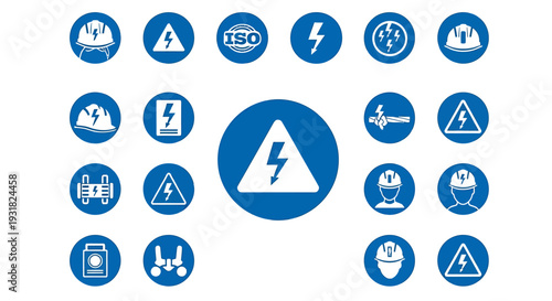 Assorted Electrical Hazard Icons in Blue Circles for Safety Signage.