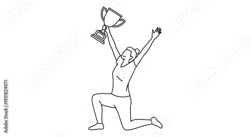 A minimalist line art illustration of a triumphant person holding a trophy aloft in victory