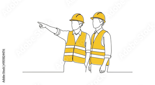 A minimalist line art illustration of two construction workers in yellow safety vests and hard hats