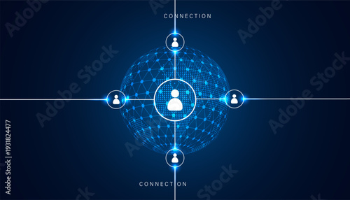 Global connection vector concept with people icons and world globe on blue background. International networking and HR.