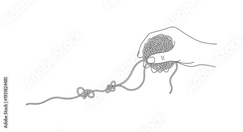 A minimalist line art illustration of a hand holding a ball of yarn and knitting needles