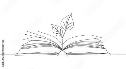 A minimalist line art illustration of an open book with a sprouting plant growing out of it